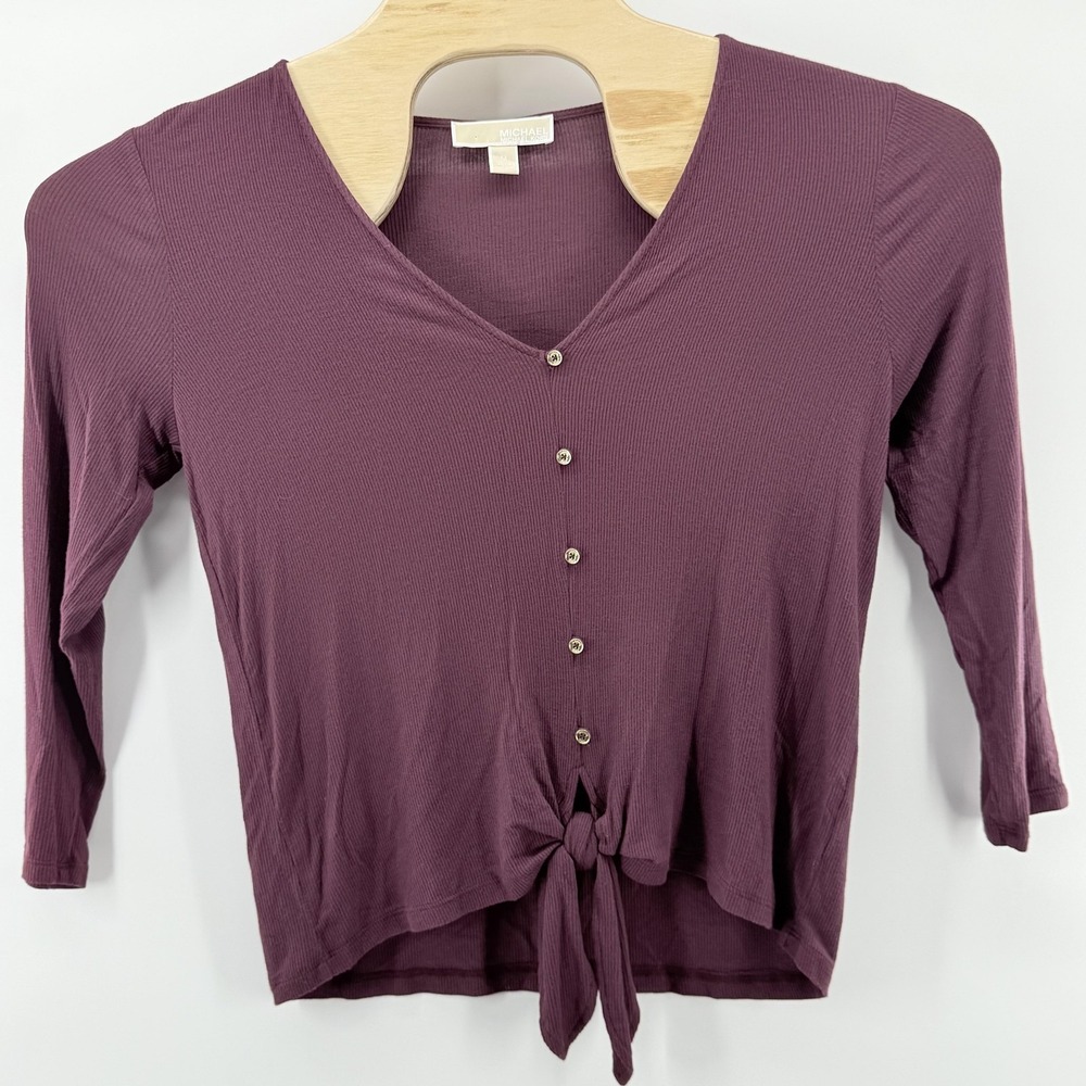 Michael Kors Shirt Womens Medium Purple Button Tie Front 3/4 Sleeve Top Ribbed